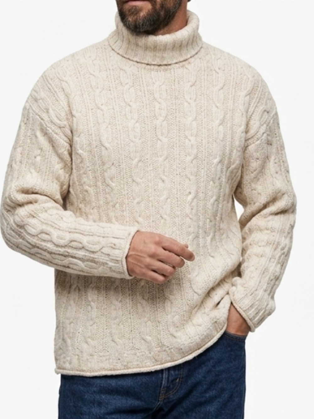 Men's Cream Cable-Knit Turtleneck Sweater